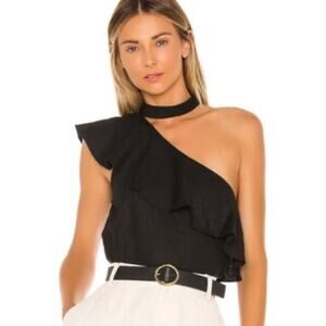 L’Academie The Seberg Black Ruffle One Shoulder Tank Top Size Small